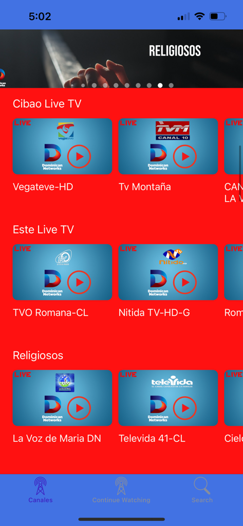 Dominican Networks - Interfaccia dell'app Dominican Networks che mostra categorie per canali televisivi live regionali e religiosi.