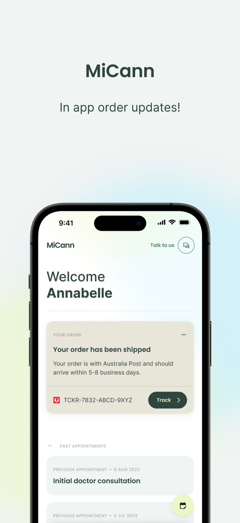A smartphone screen displaying the MiCann app interface with a shipped order notification and previous medical consultation history.