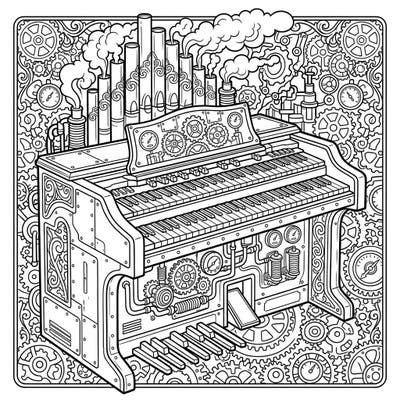 Step into an extraordinary world where classic music meets industrial fantasy with this unique Steampunk Hammond Organ coloring page. Immerse yourself in intricate details, from gleaming gears to billowing steam, ready for your artistic touch.