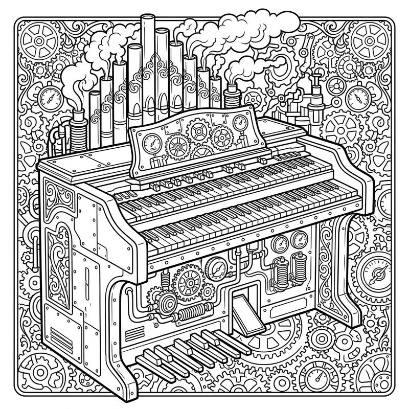 Step into an extraordinary world where classic music meets industrial fantasy with this unique Steampunk Hammond Organ coloring page. Immerse yourself in intricate details, from gleaming gears to billowing steam, ready for your artistic touch.