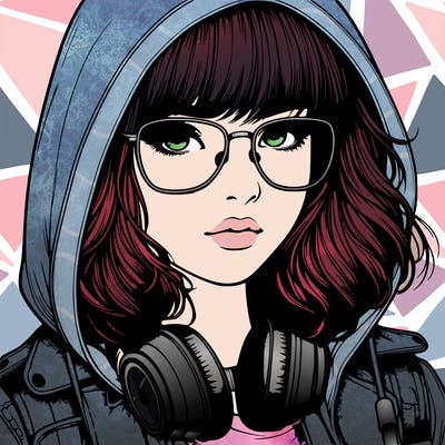 realistic teenagegirl with bangs in her hair headphones and wearing glasses and a jacket with a hoodie