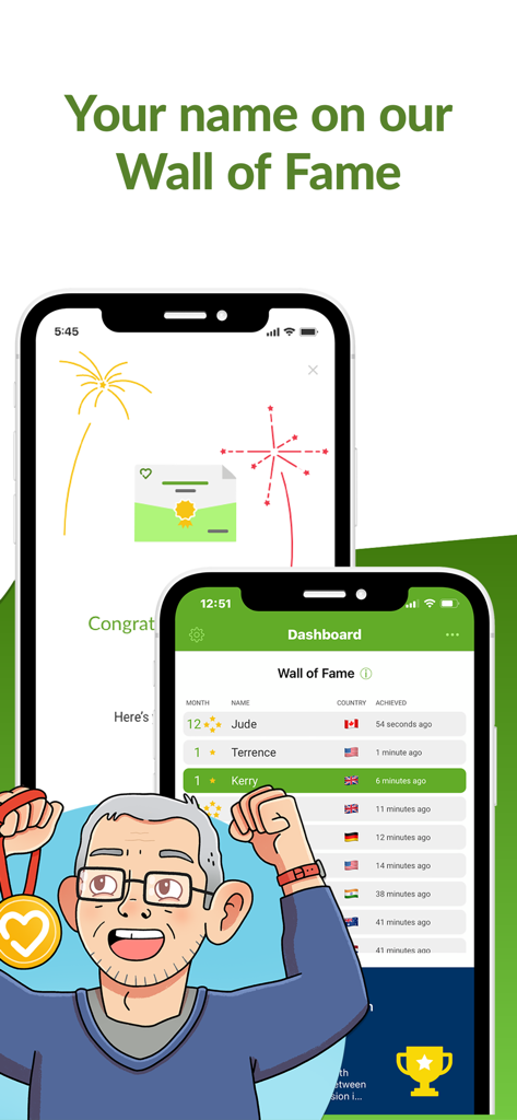 A screenshot showing the Smoke Free app Wall of Fame leaderboard and a cartoon character holding a gold medal.