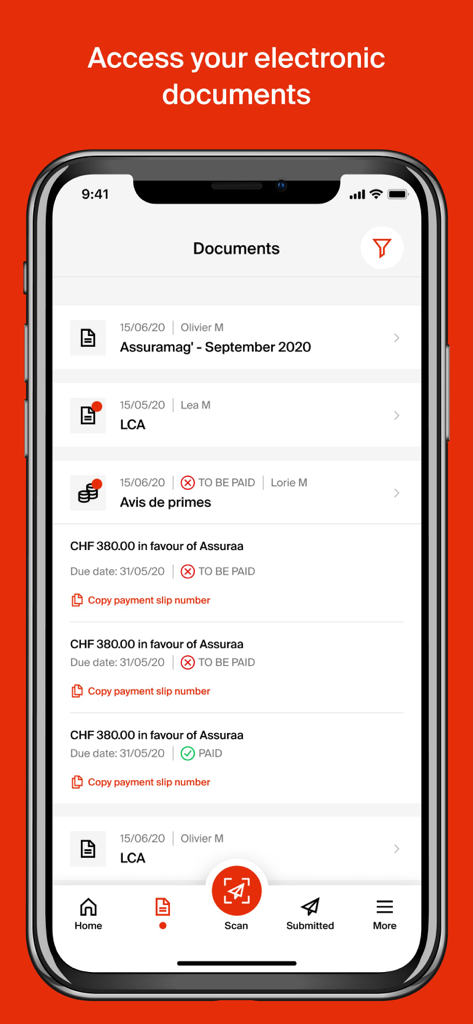 Assura - The Assura app interface showing a list of digital insurance documents and payment tracking.