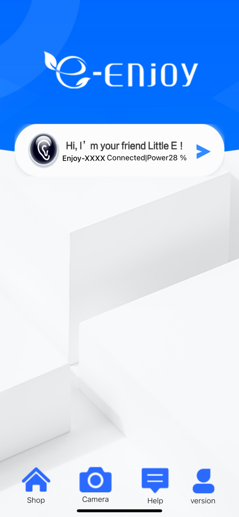 Xiao-E - Home screen of the Xiao-E otoscope app showing a connected device status and bottom navigation for camera and help