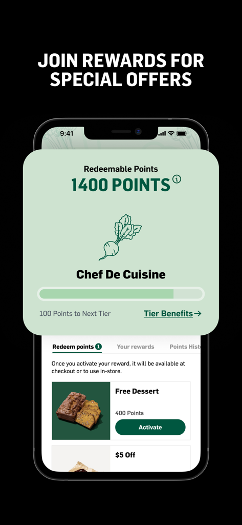 Dig Inn 모바일 앱 리워드 화면에는 1400개의 사용 가능한 포인트와 셰프 드 퀴진 로열티 상태가 표시됩니다.