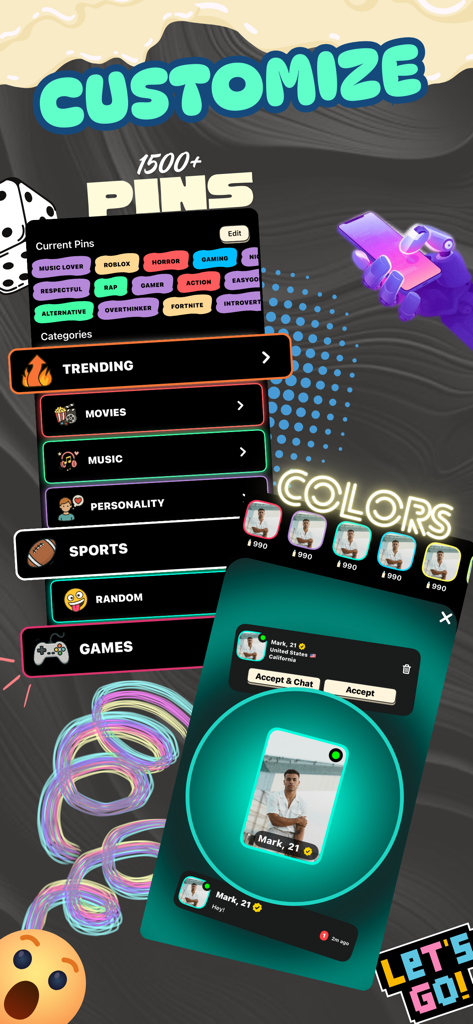 Pantalla de la app Whipd mostrando opciones de personalización de perfil con más de 1500 pines y varios temas de color