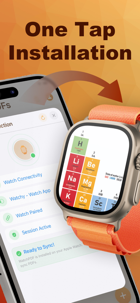 PDF Watch Viewer App by Watchy - An iPhone and Apple Watch showing a periodic table PDF being synced for offline viewing.