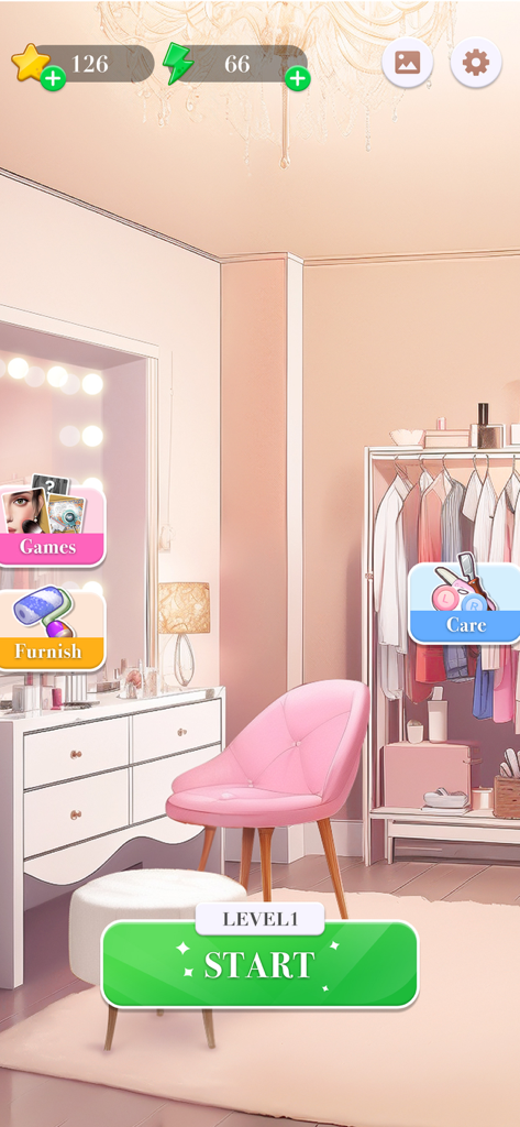 ASMR Simulator-Makeover&Relax - Hauptmenü des ASMR Simulator Spiels mit einem pinkfarbenen Ankleidezimmer mit einem Schminktisch und Startknopf