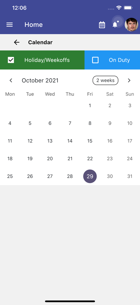Pocket HRMS mobile app calendar screen showing attendance and holiday tracking for October 2021