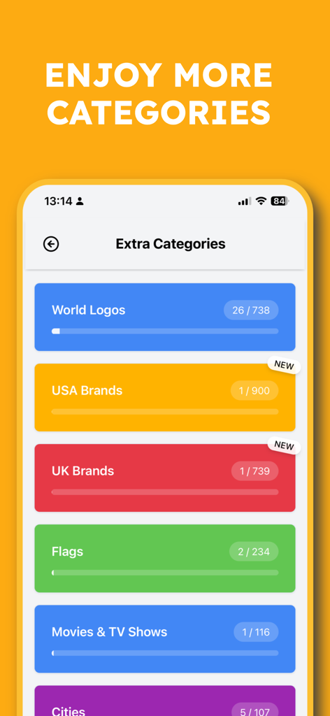 Logo Quiz 2025 Guess the brand - Logo Quiz 2025 game screen showing extra trivia categories like World Logos USA Brands and Flags with progress bars