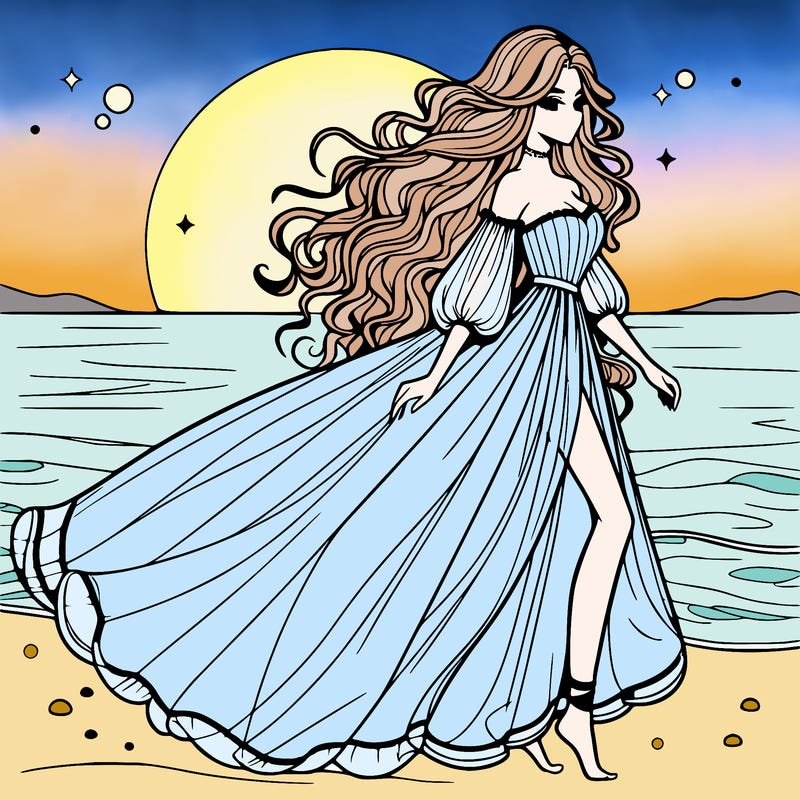 beautiful woman with a vaporous long dress walking on the beach at the noon, detailed art