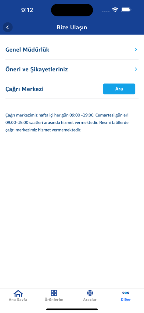 Katılım Cep - Écran de contact du support de l'application mobile Katilim Cep avec centre d'appels et options de feedback client.