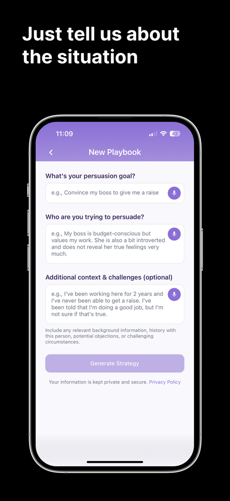 Persway: AI Negotiation Coach - A smartphone screen displaying the Persway app interface for setting up a new persuasion playbook with goal and context fields.