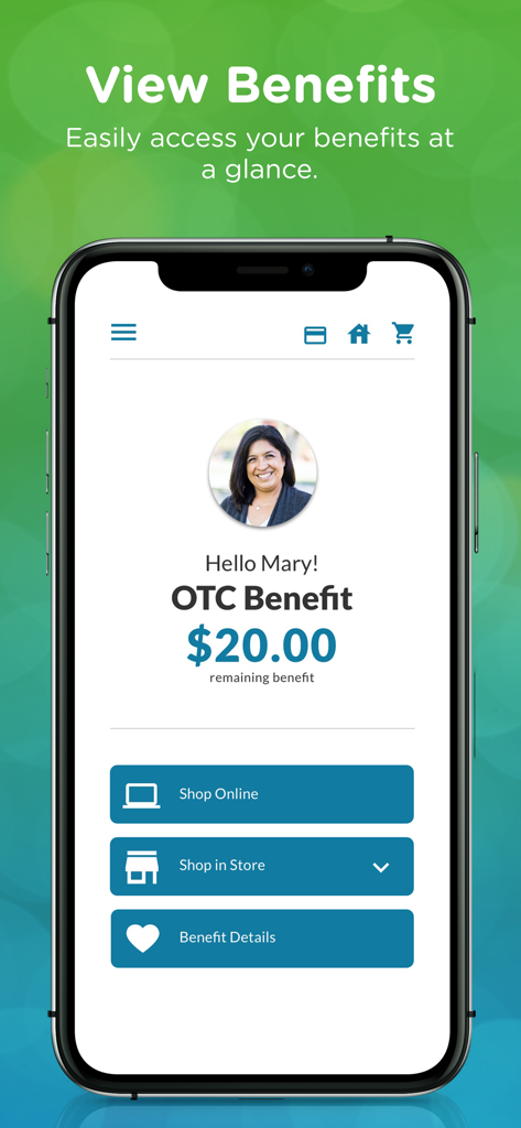 Healthy Benefits Plus mobile app dashboard showing a twenty dollar OTC benefit balance and shopping options