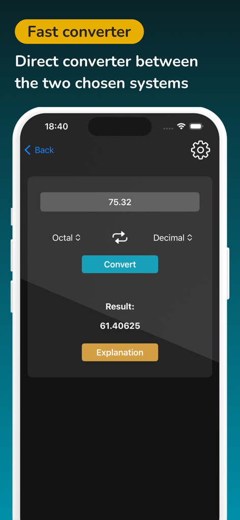 Converter Binary Calculator - Interfaz de la aplicación Calculadora Convertidora Binaria que muestra una conversión octal a decimal con números fraccionarios.