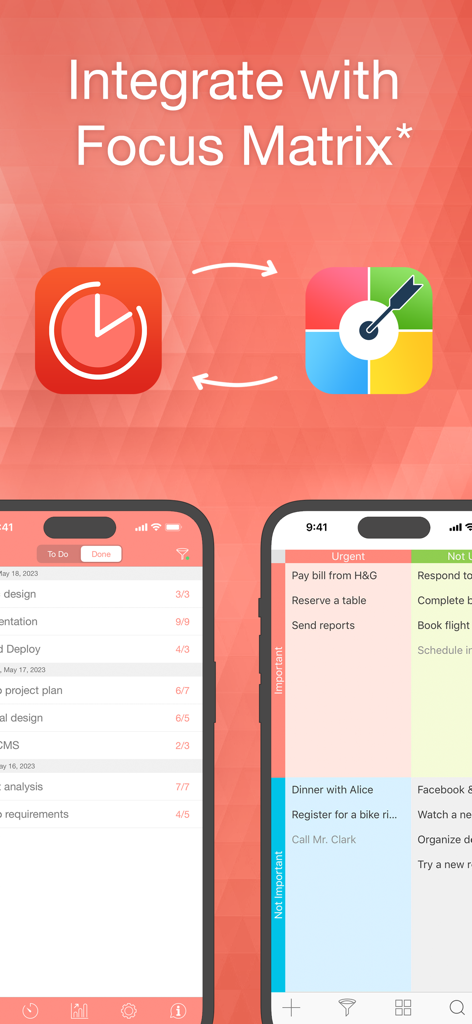 Be Focused Pro - Focus Timer - Intégration du minuteur de concentration Be Focused Pro et de la matrice d'Eisenhower Focus Matrix sur iPhone
