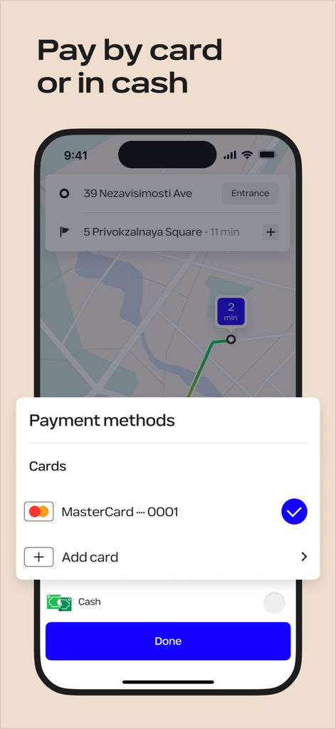 Uber BY — request taxis - Interfaz de métodos de pago en la aplicación Fasten que muestra opciones de tarjeta y efectivo