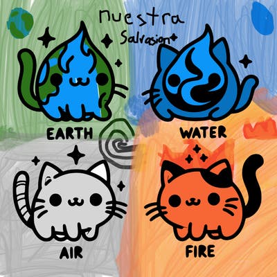 4 cats that represent the different elements, earth, water, air, and fire