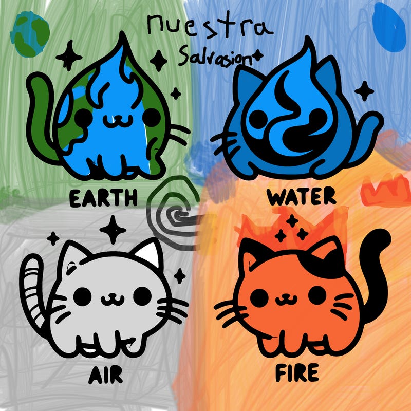 4 cats that represent the different elements, earth, water, air, and fire