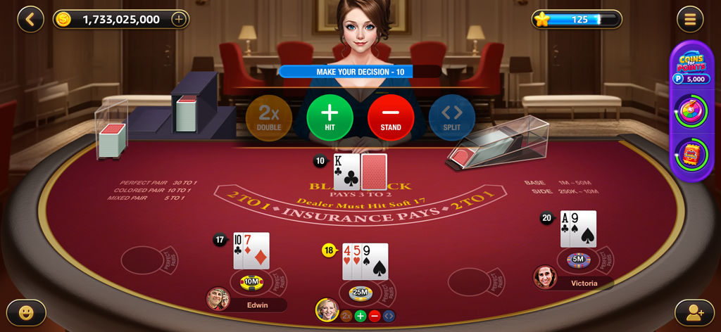Vegas Craze Casino - A game of blackjack in the Vegas Craze Casino app showing a virtual dealer and player options.