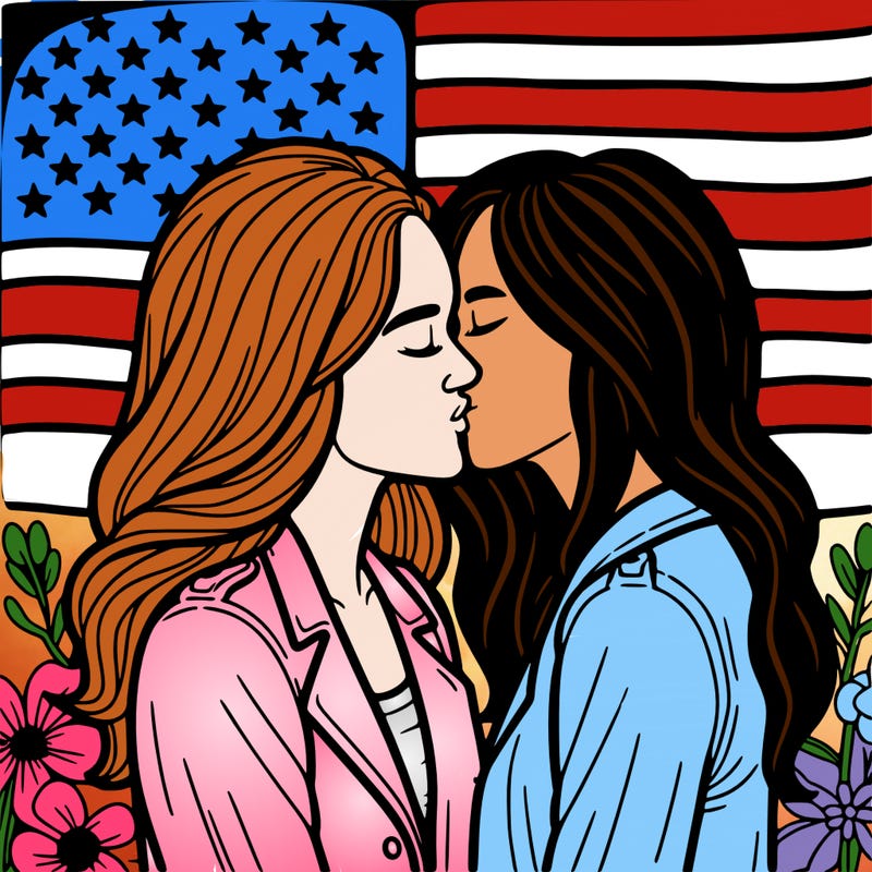 two women kissing in front of the usa flag realistic