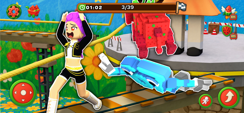 Watermelon World Challenge - A character with purple hair running away from voxel monsters on a colorful track in a mobile game.