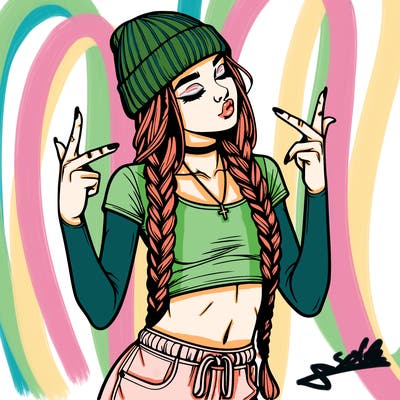 realistic teenage girl with braids and a beanie and crop top doing 🫶🏼