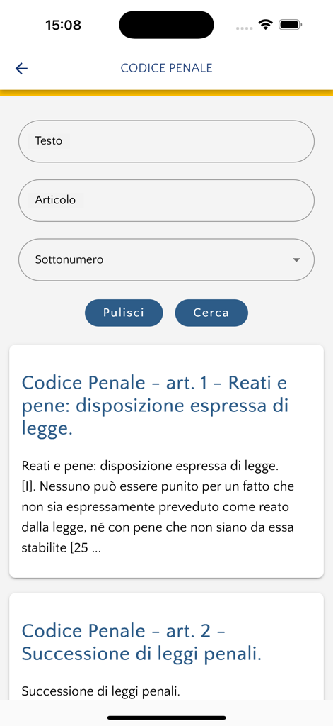Tela de pesquisa do aplicativo I Codici Giuffre exibindo artigos do Código Penal Italiano.