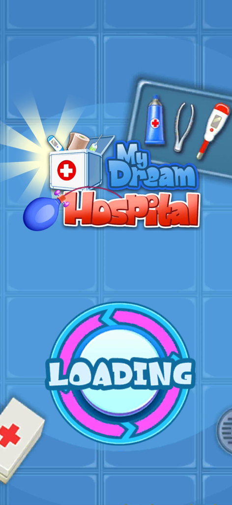 My Dream Hospital: My City - Loading screen of My Dream Hospital game with medical equipment icons