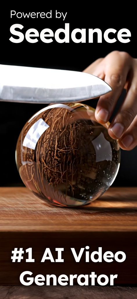 ChatPlus app interface showcasing Seedance AI video generator with a surreal image of a glass coconut