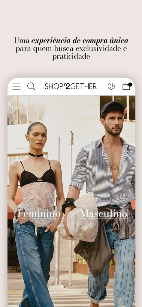 Shop2gether - Interface do aplicativo Shop2gether de moda de luxo apresentando categorias de moda masculina e feminina premium com modelos