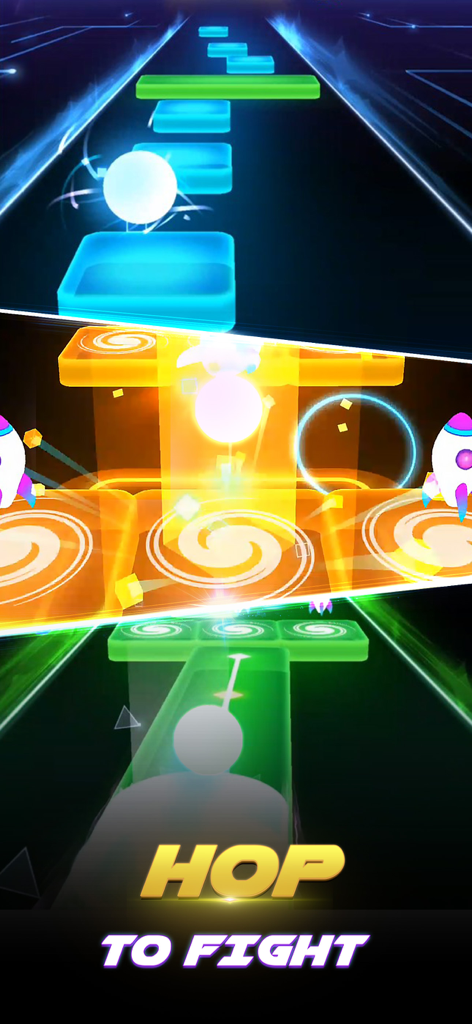 Tiles Hop Fire: EDM Piano Mix - A collage of three colorful gameplay levels in Tiles Hop Fire showing a ball jumping on neon tiles with the text Hop to Fight