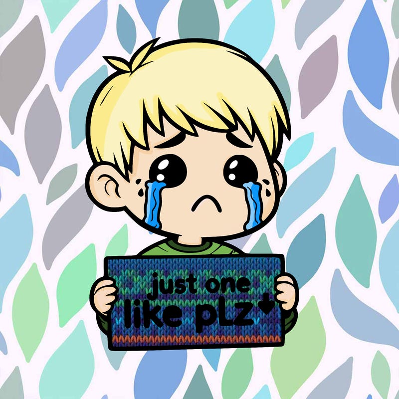 realistic crying boy with a sign saying just one like plz