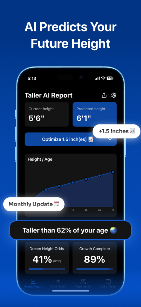 Taller AI app interface showing current height, predicted height, and growth chart