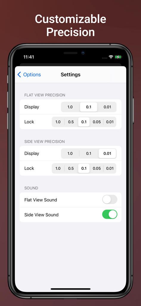 Pro Leveler - Pro Leveler app settings screen displaying customizable precision for flat and side views and sound toggles