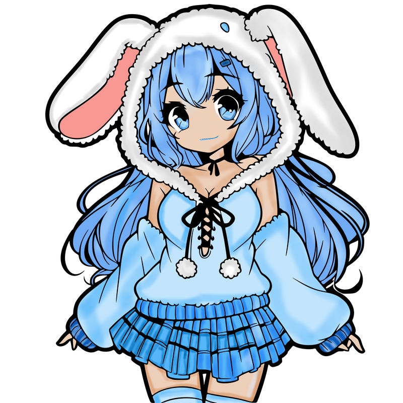 pretty anime girl wearing a fluffy hoodie with bunny ears on the hood and a skirt