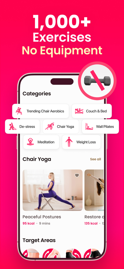 LazyFit-App-Bildschirm mit Übungskategorien wie Stuhl-Yoga und Wand-Pilates und der Überschrift, dass keine Ausrüstung benötigt wird.