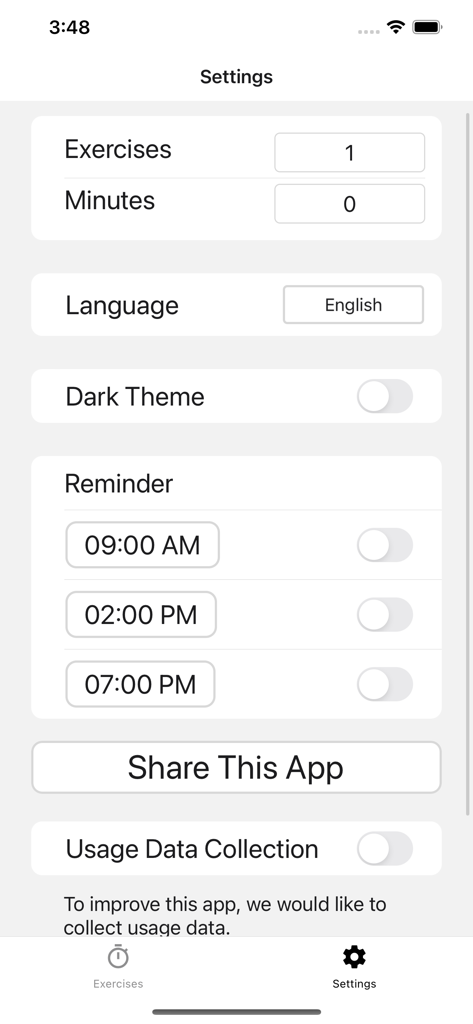 Open Breathwork Freely Breathe - Interface des paramètres de l'application Open Breathwork avec des rappels et des options de thème.