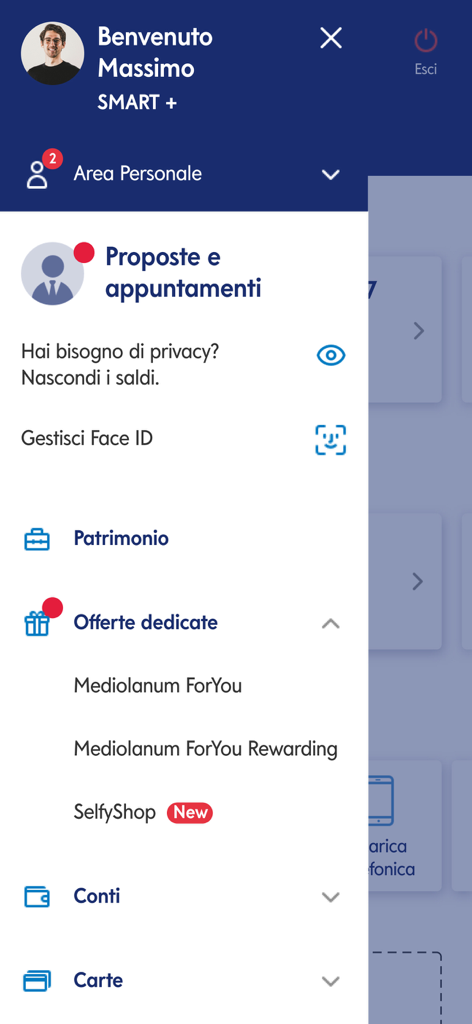 Mediolanum - Menu dell'area personale dell'app bancaria Mediolanum con impostazioni di sicurezza e account.