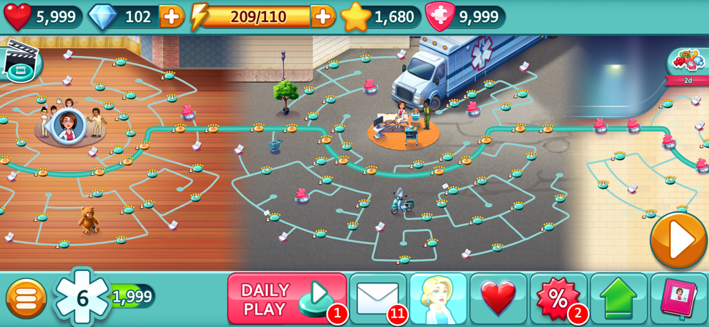 Eine Spiellevel-Karte, die Krankenhausstationen und den Fortschritt im Hearts Medicine Doctor Game zeigt.