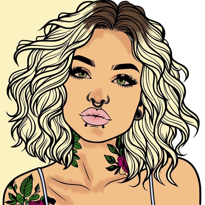 realistic woman with septum piercing and wavy hair and tattoos