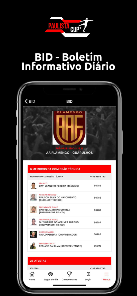 Paulista Cup - Paulista Cup-App zeigt das offizielle Daily Information Bulletin mit Details zum technischen Personal von AA Flamengo Guarulhos.