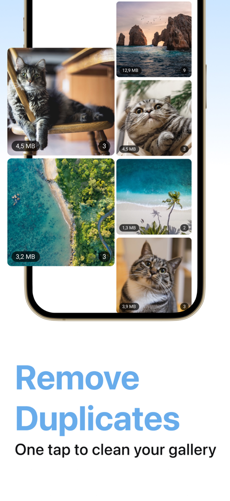 Phone cleaner - Simple clean - Una pantalla de iPhone que muestra la aplicación Phone Cleaner con una función para eliminar fotos duplicadas y limpiar la galería con un solo toque.