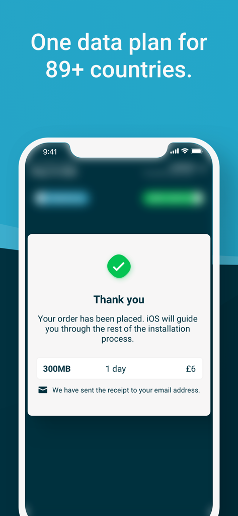 My Truphone: eSIM travel data - Pantalla de confirmación de pedido para un plan de datos eSIM de 300 MB por un día
