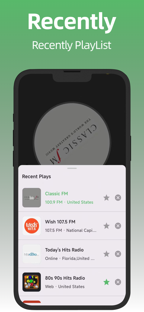 A mobile interface showing a list of recently played local and international radio stations including Classic FM and 80s 90s Hits.