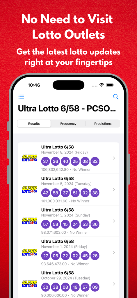 Smartphone screen displaying recent Philippine Ultra Lotto 6-58 winning numbers and draw history