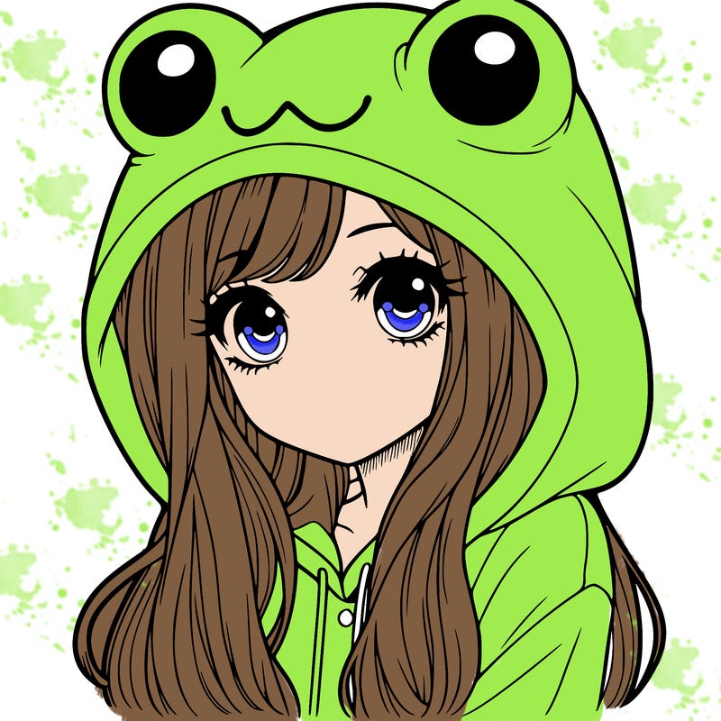 a pretty girl wearing a frog hoodie portrait with long hair