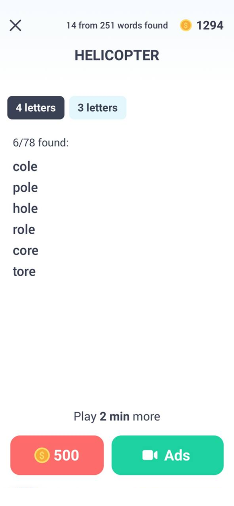 Find Words in Word - Typer - Gameplay screen of Typer app showing list of 4-letter words found from the main word HELICOPTER