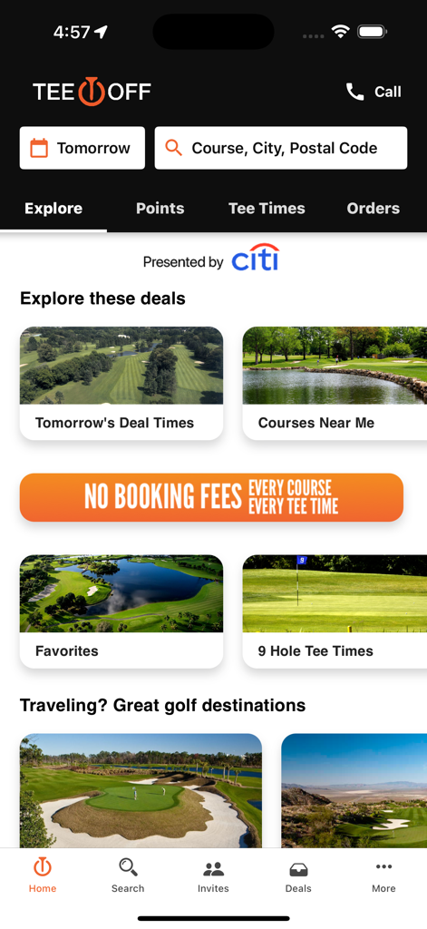 TeeOff mobile app home screen showing golf course deals and search options with no booking fees