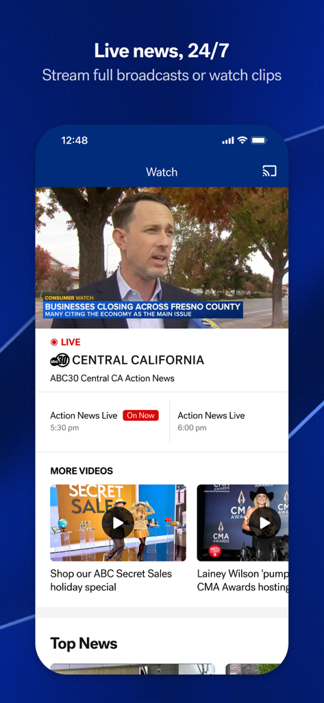 ABC30 Central CA - Pantalla de la aplicación móvil ABC30 Central CA que muestra una transmisión de noticias en vivo y clips de video locales
